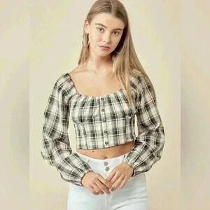 Papaya Plaid Long Sleeve‎ Crop Top Size M